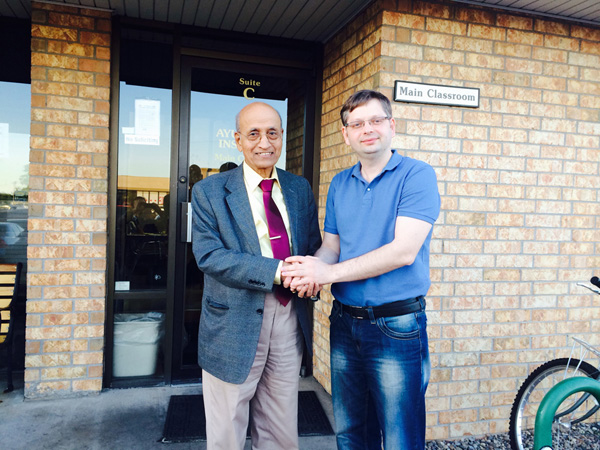 Dr Vasant Lad and Oleg Sorokin at the Ayurvedic Institute entrance